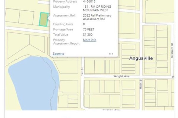 Aerial map with property details box showing 75 FEET frontage for 201 Railway Avenue. - 201 Railway Avenue, Angusville