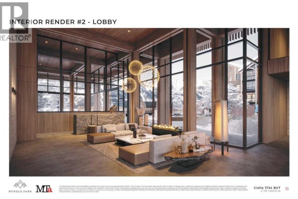 Lobby interior with modern furniture, fireplace, and large windows with mountain views. - 202, 1724 Bow Valley Trail, Canmore
