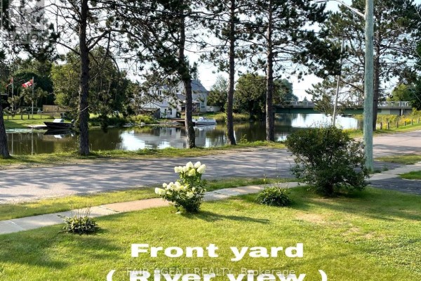 View of the canal from the front yard, with trees in the foreground and houses across the water. - 202 Water Street, Thessalon