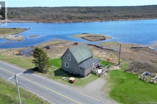 Side aerial view of the house, showing a deck and grass, with water and trees. - 202 White Head Road, White Head Island
