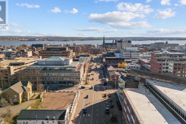 Aerial view looking down University Avenue in Charlottetown, showing cityscape and waterfront. - 202&216 University Avenue, Charlottetown