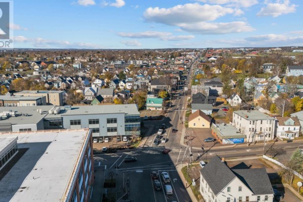 Aerial view of 202&216 University Avenue from the east, showing surrounding buildings and street. - 202&216 University Avenue, Charlottetown