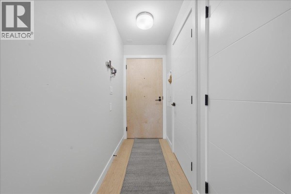 Interior hallway with light wood floors, grey rug, and neutral walls. - 203 2508 Fraser Street, Vancouver