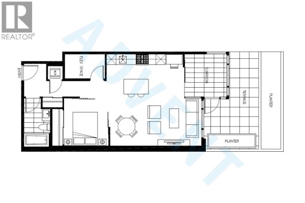Floor plan of a one-bedroom apartment with a balcony and flex space. - 203 4355 W 10th Avenue, Vancouver