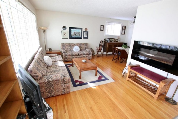 Living room with light hardwood floors, two patterned sofas, a coffee table, and a large window. - 203 Harold Avenue, Winnipeg