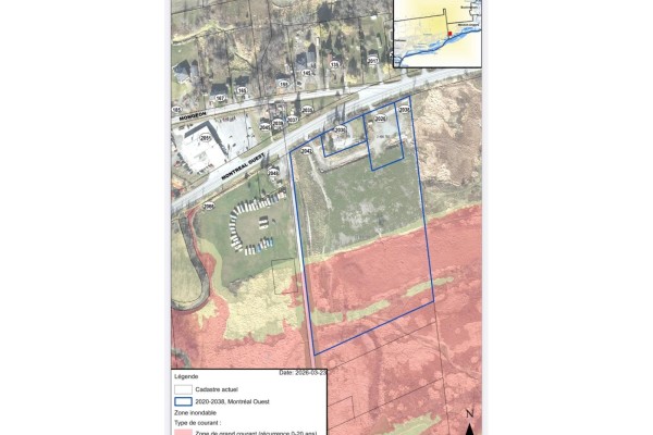 Aerial view of the property showing lot outlines, surrounding roads, and land topography. - 2038 Ch. De Montréal O., Gatineau