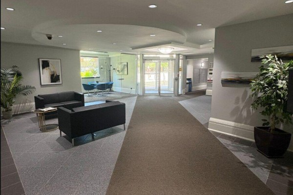 Spacious apartment lobby with neutral carpet, a seating area, and plants. - 204 - 429 Somerset Street W, Ottawa