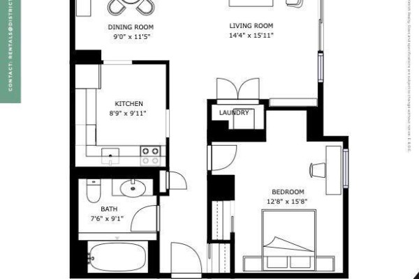 Floor plan showing a kitchen, dining room, living room, bath, and bedroom. - 204 - 435 Albert Street, Ottawa
