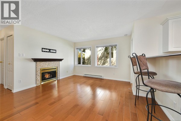 Living room with fireplace, television, and large windows with wood floors. - 204 1037 Richardson St, Victoria