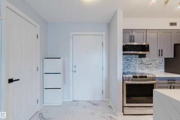 Apartment entrance hall with white doors, storage unit, and view into kitchen area. - #204 11803 22 Av Sw, Edmonton