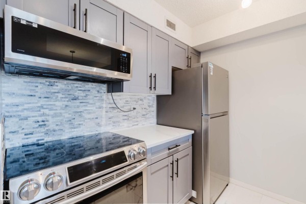 Modern kitchen with grey cabinets, stainless steel appliances, and tile backsplash. - #204 11803 22 Av Sw, Edmonton