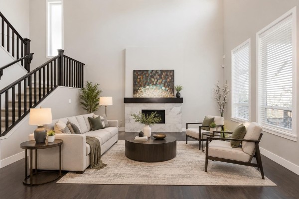 Living room featuring a marble fireplace, dark hardwood floors, and a staircase with dark railings. - 20443 83a Avenue, Langley