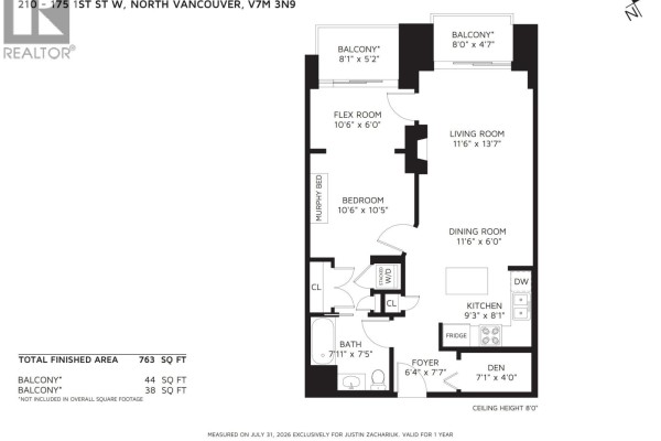 Floor plan of a 763 sq ft apartment with one bedroom, den, flex room, living room, and two balconies. - 205 175 W 1st Street, North Vancouver