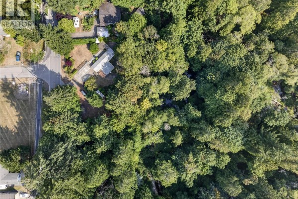 Aerial view of a house within a wooded property lot outlined in red. - 205 Atkins Rd, View Royal