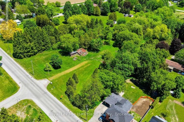 Aerial view of a residential lot with mature trees, grass, and adjacent houses and road. - 2057 William Street, Howick