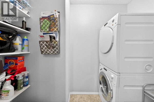 Laundry room with stacked white washer and dryer, shelving with cleaning supplies. - 206, 2000 Citadel Meadow Point Nw, Calgary