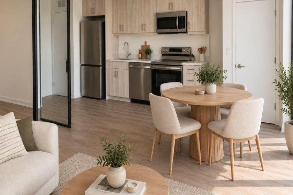 Floor plan for a one-bedroom apartment with den, balcony, living/dining/kitchen, and bathroom. - 206 - 350 Prince Charles Drive S, Welland
