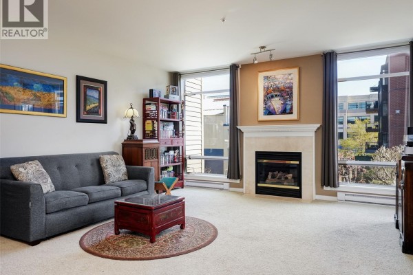 Living room with a television, bookshelf, dining area, and kitchen with blue cabinets. - 206 330 Waterfront Cres, Victoria