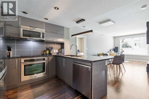 Modern kitchen with grey cabinets, stainless steel appliances, and granite countertops. - 207, 1110 3 Avenue Nw, Calgary