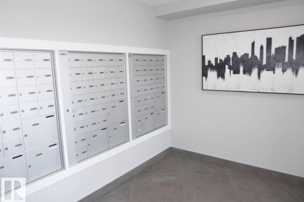 Apartment building hallway with mailboxes and abstract city skyline art. - #207 11511 27 Av Nw, Edmonton