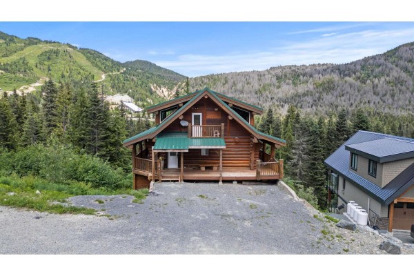 Aerial view of the log cabin property with surrounding snow-covered forest and neighboring houses. - 20758 Edelweiss Drive, Mission
