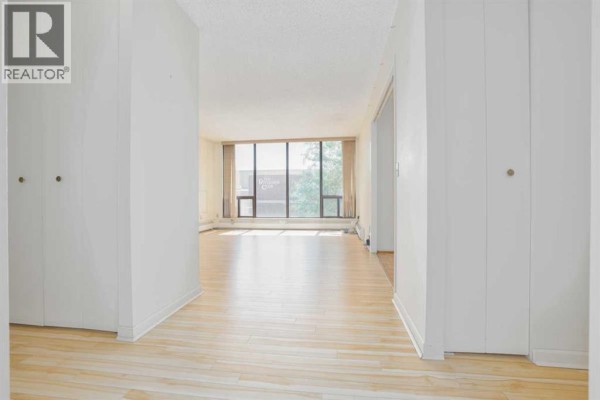 View into an apartment living area through a wide hallway entrance with closet doors. - 208, 80 Point Mckay Crescent Nw, Calgary