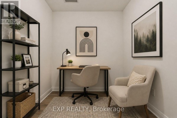 Home office with a desk, chair, shelving, and artwork on the walls. - 208 - 1936 Rymal Road E, Hamilton