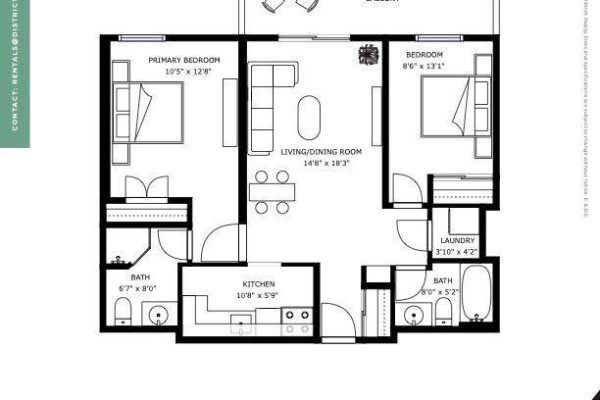 Floor plan of a two-bedroom apartment showing living/dining room, kitchen, two baths, laundry, and primary bedroom. - 208 - 435 Albert Street, Ottawa