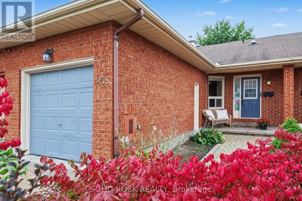 Close-up of brick exterior with a blue garage door and a blue front door. - 208 Jamieson Street, Mississippi Mills