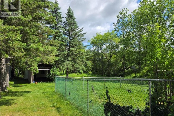 Backyard view with a chain-link fence, grassy lawn, mature trees, and a shed. - 2087 Governors Road, Copetown