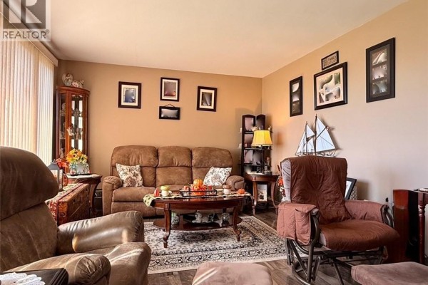 Living room with a brown sofa, recliner, coffee table, and decorative items on the walls and shelves. - 209 Centennial Heights Street, Dalhousie