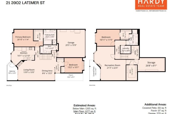 Floor plan of a townhouse showing two levels with room dimensions. - 21 3902 Latimer Street, Abbotsford