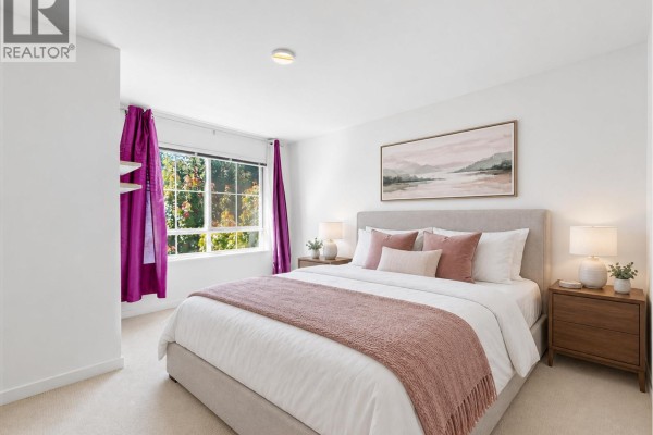 Primary bedroom with king bed, bedside tables, and window with purple curtains. - 21 433 Seymour River Place, North Vancouver