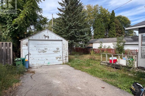 A light blue, weathered detached garage with a large roll-up door and a horse decal. - 21 First Avenue, Kingston