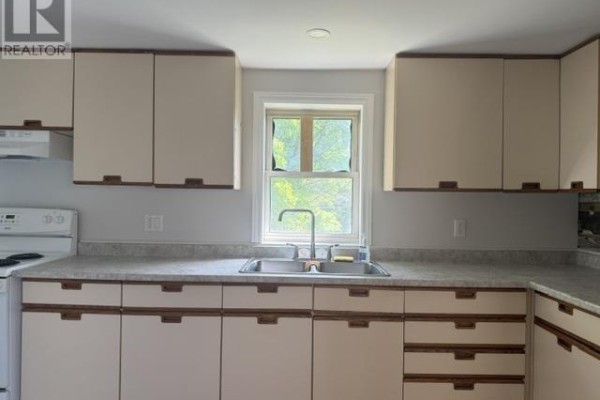 Kitchen sink with dual basins, faucet, and a window above showing green trees. - 21 Park St, Thessalon