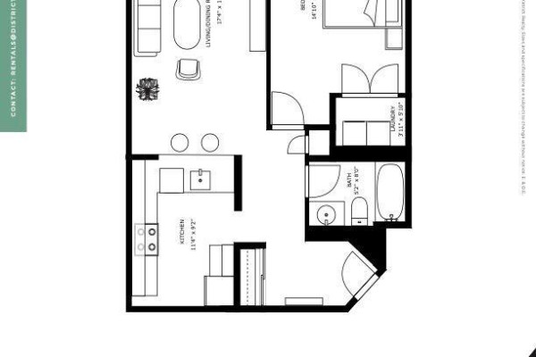 Floor plan of a one-bedroom apartment with kitchen, living/dining area, bath, and laundry. - 210 - 435 Albert Street, Ottawa