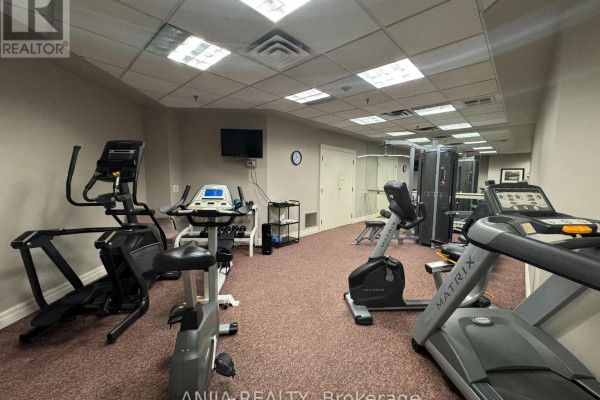 Fitness room with treadmills, stationary bikes, elliptical, weights, and mirrors. - 211 - 75 York Mills Road, Toronto