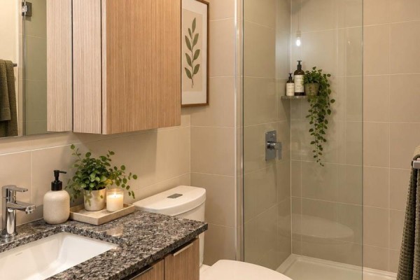 A bathroom with a walk-in shower, granite vanity, and wood-grain cabinetry. - 2110 - 10 Deerlick Court, Toronto