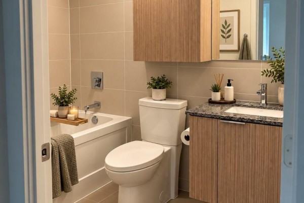 A bathroom featuring a bathtub, toilet, vanity with a granite countertop, and light wood cabinetry. - 2110 - 10 Deerlick Court, Toronto