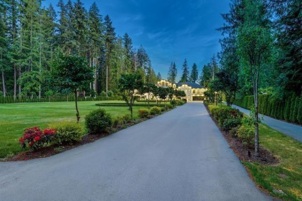 Long paved driveway leading to a grand house surrounded by trees. - 21136 42 Avenue, Langley