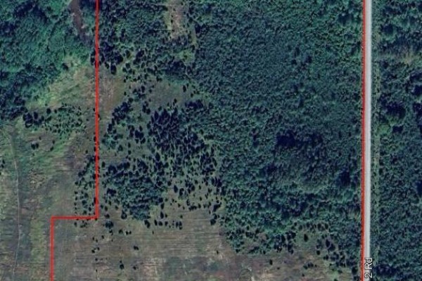 Aerial view of wooded land parcel with red boundary lines and dirt road. - 2116 Highway 572 Highway, Black River Matheson