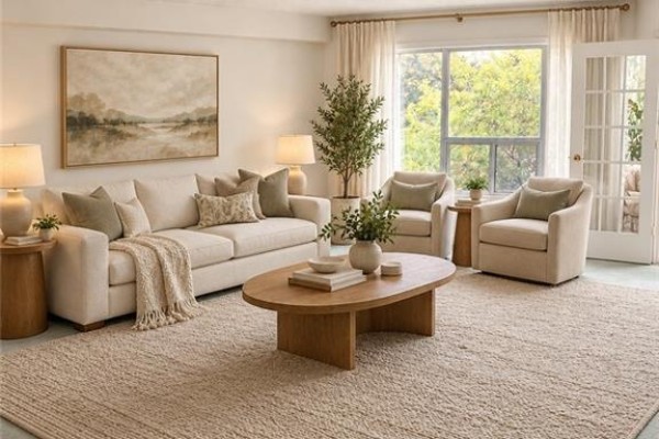 Living room with sofa, chairs, oval coffee table, large landscape artwork, and floor-to-ceiling window. - 2121 Lakeshore Road Unit# 404, Burlington