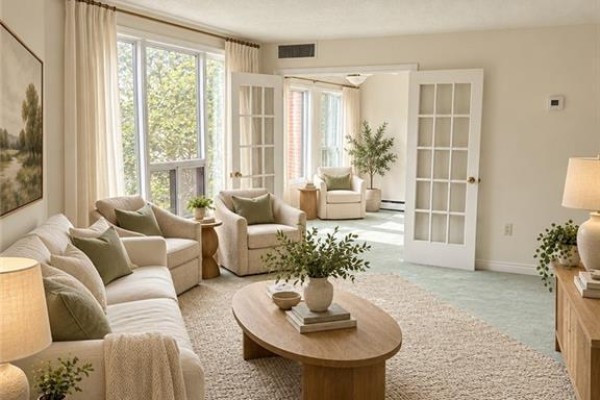 Living room with sofa, chairs, coffee table, French doors, and large window with greenery view. - 2121 Lakeshore Road Unit# 404, Burlington