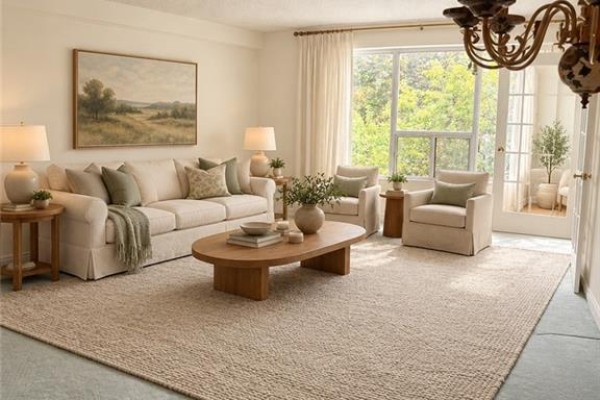 Living room with sofa, chairs, coffee table, chandelier, and a large window view of trees. - 2121 Lakeshore Road Unit# 404, Burlington