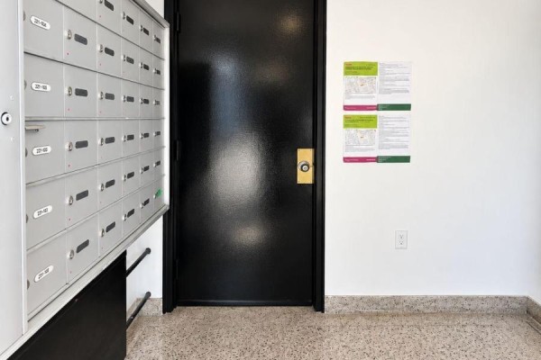 Interior hallway with a bank of silver mailboxes, a black door, and white walls. - 213 - 227 Sterling Road E, Toronto