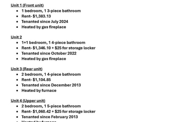 Property listing details including unit descriptions, rent, tenant information, and heating methods. - 213 Main Street E, Minto