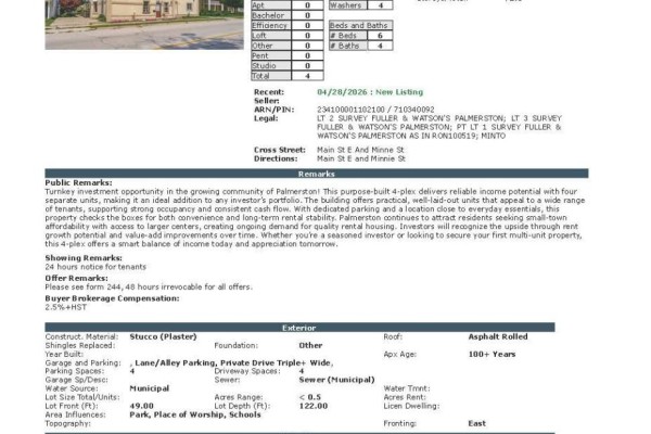 Listing details sheet with property information, remarks, offer details, and exterior features. - 213 Main Street E, Minto