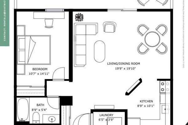 Floor plan of a one-bedroom apartment showing living, dining, kitchen, bath, laundry, and bedroom areas. - 214 - 435 Albert Street, Ottawa
