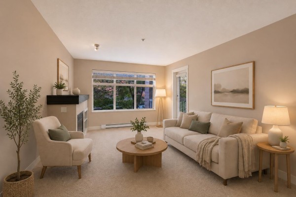 Empty living room with beige walls, large windows, and a fireplace, digitally decluttered. - 214 6500 194 Street, Surrey