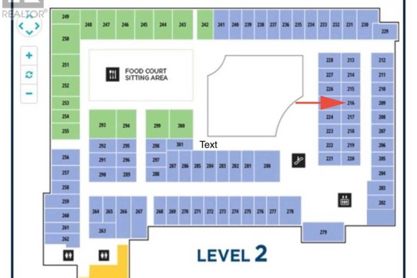 Level 2 floor plan showing various retail units, with unit 216 highlighted with a red arrow. - 216 - 7181 Yonge Street, Markham